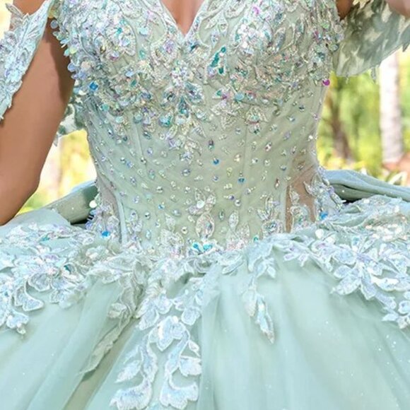 New Sage Tulle Ceremonial Gown w/ Sequins Embroidery & Layered Skirt GL3815 - Picture 7 of 15